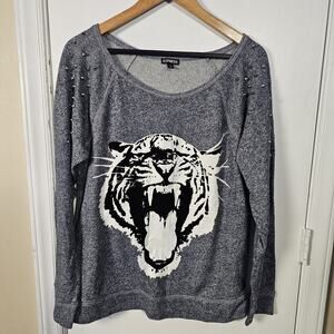 EXPRESS Studded Tiger Graphic Sweatshirt Heather Blue Size L Slouchy Casual Soft